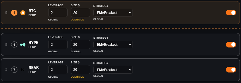 Demo-mode control panel — per-pair leverage, size and strategy overrides with amber OVERRIDE markers